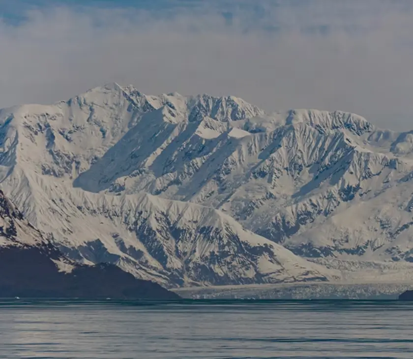 Image of snow covered mountains, Icy Strait Point, Alaska