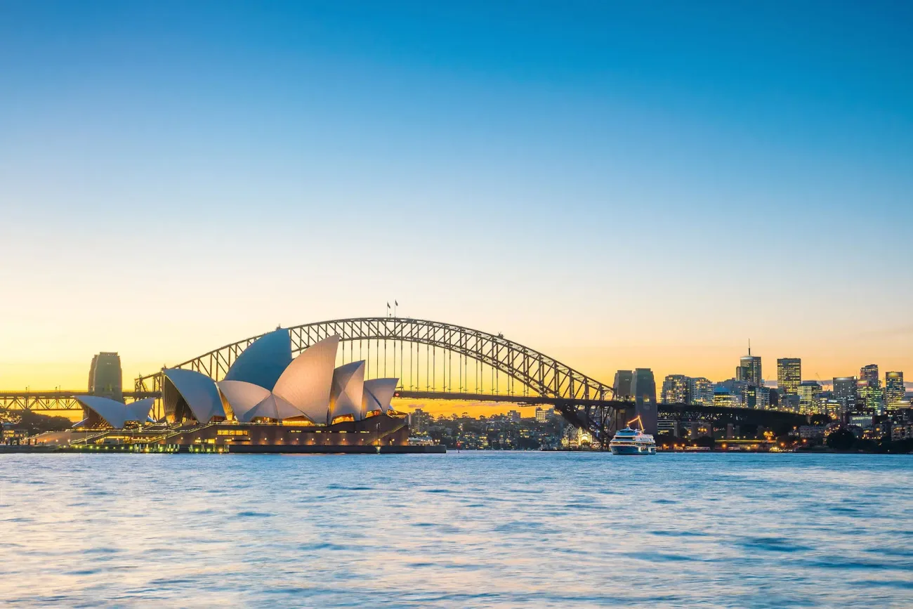 Image of Sydney Harbour Bridge and the Sydney Opera House at sunset