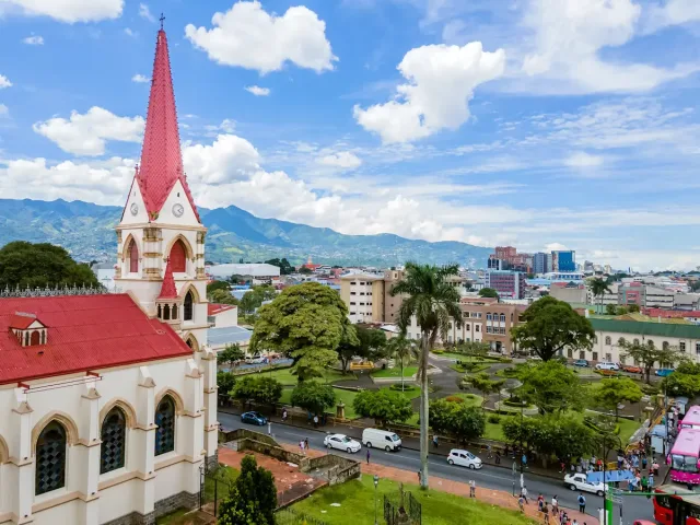 Aerial view of of the Baroque Church of the Merced in San Jose Center in Costa Rica