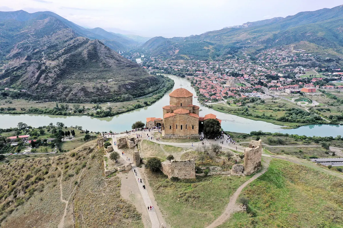 Aerial view of Jvari Monastery in Georgia