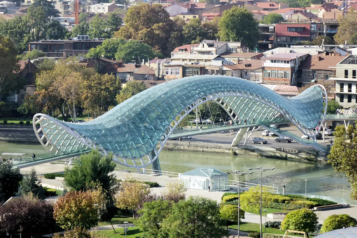 Image shows the iconic Peace Bridge in Tbilisi