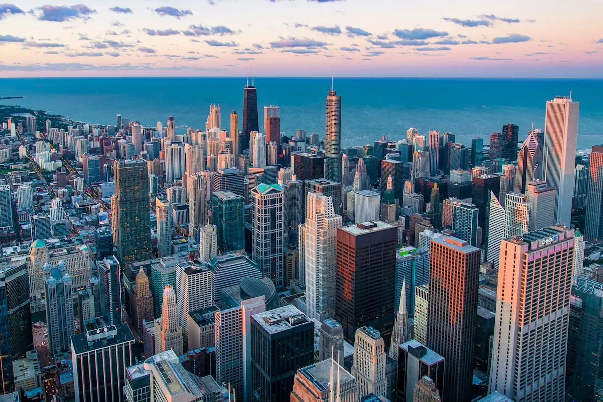 Image show the Chicago skyline looking out towards Lake Michigan