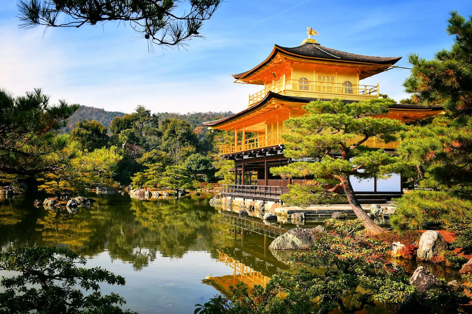 Image shows the Golden Pavilion seen across a lake in Kyoto