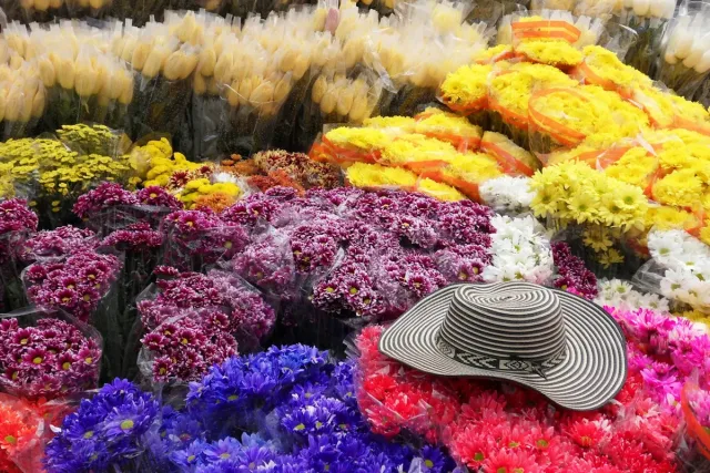 Image shows big display of colourful flowers at a market in Colombia