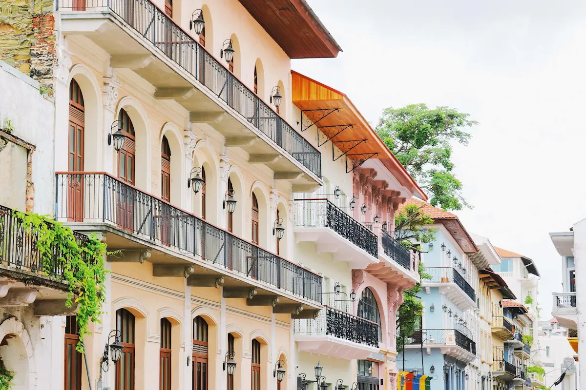 Image shows a row of buildings in the Old Quarter of Panama City