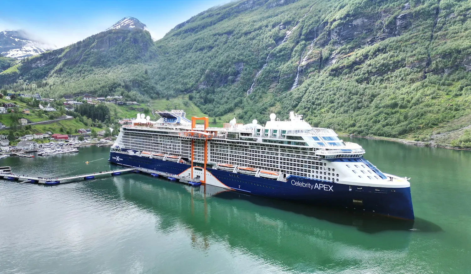 Aerial view of Celebrity Apex docked at Geiranger, Norway