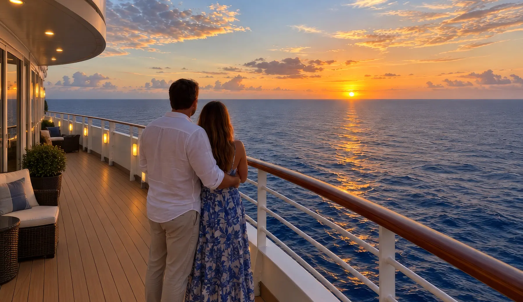 Image shows a couple looking out from the deck of a cruise ship at sunset (AI generated)