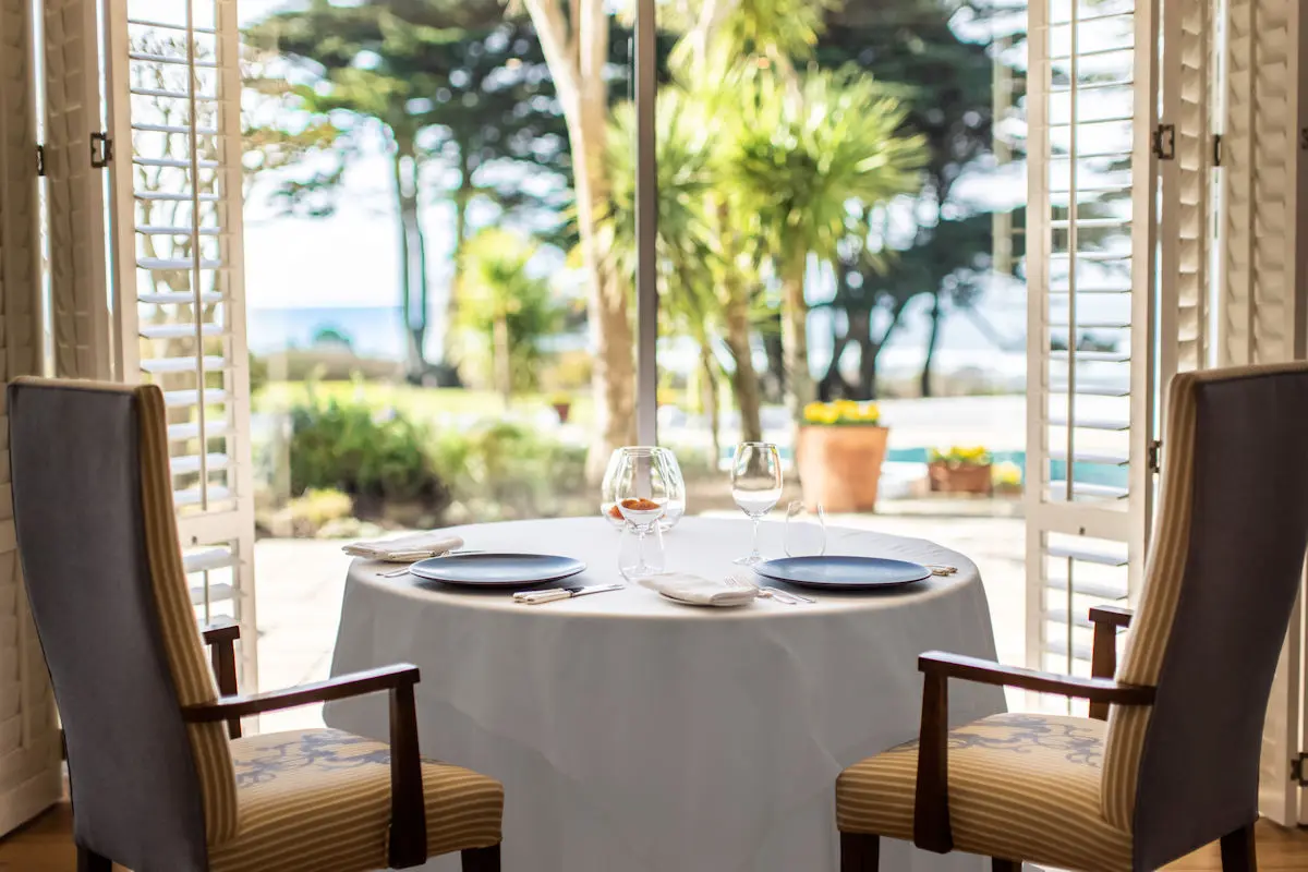 Looking out from the Ocean View restaurant at the Atlantic Hotel, Jersey