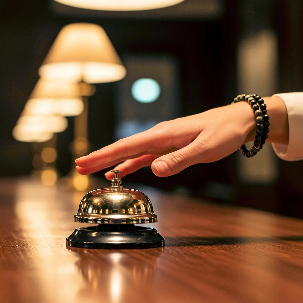 Image shows a hand about to press the bell at a hotel reception