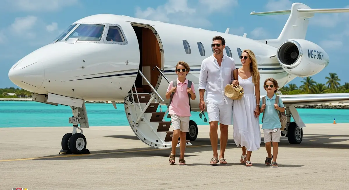 Image shows a family leaving a private jet in a sunny destination. [Image is AI generated]